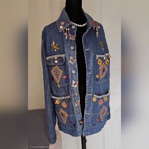 OOAK Custom Embellished Denim Jacket Howling Wolf Boho Western Festival Wear XL